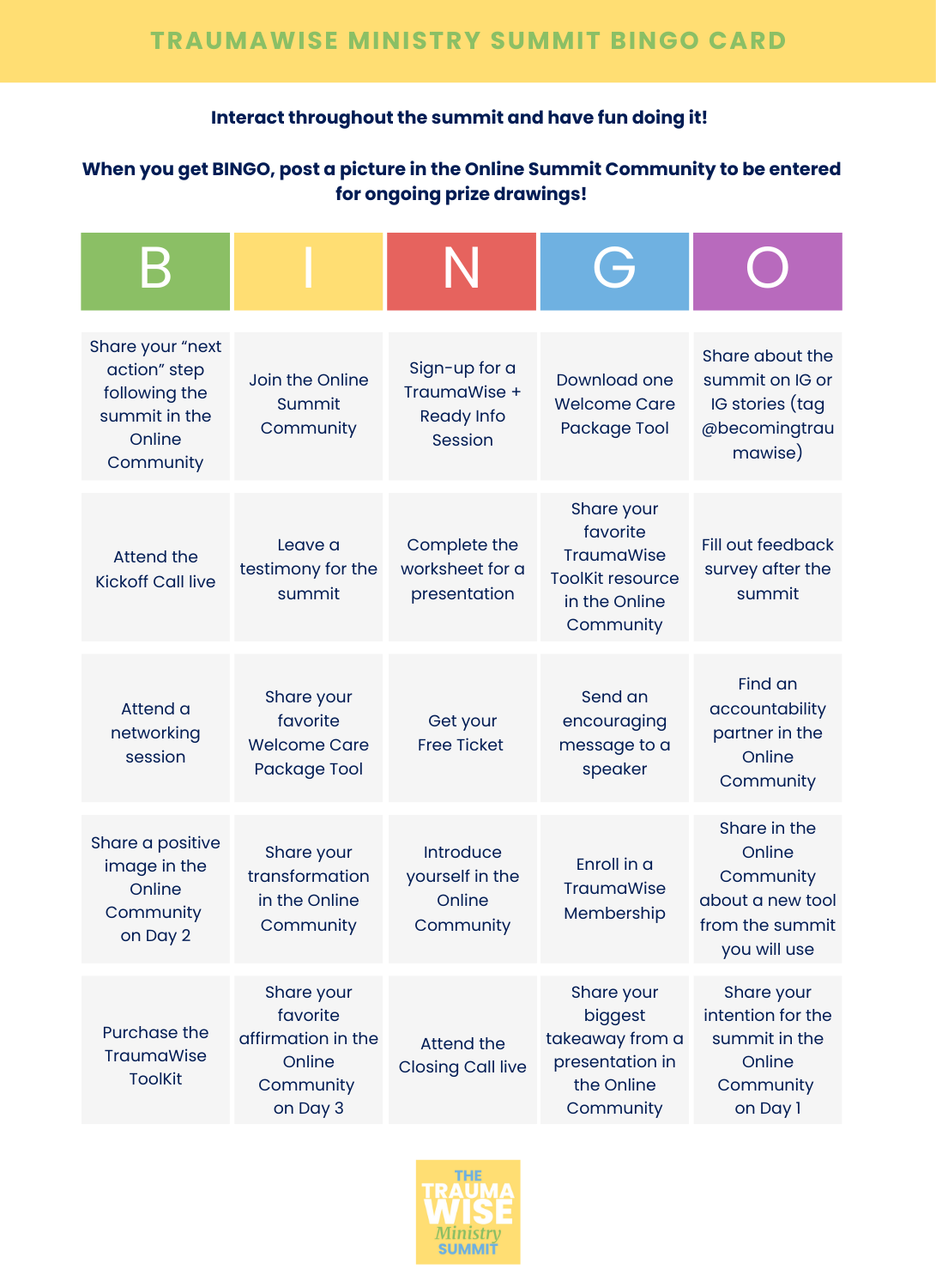 TraumaWise Ministry Summit 2025 - Bingo card Graphic