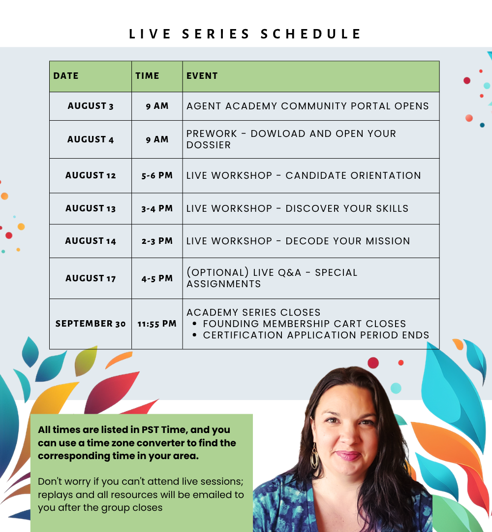 TW+R AAA Live Schedule - August 2026 Website Live Series Schedule: table of dates, times, and events (Aug 3–Sept 30) with decorative leaves and a speaker photo.