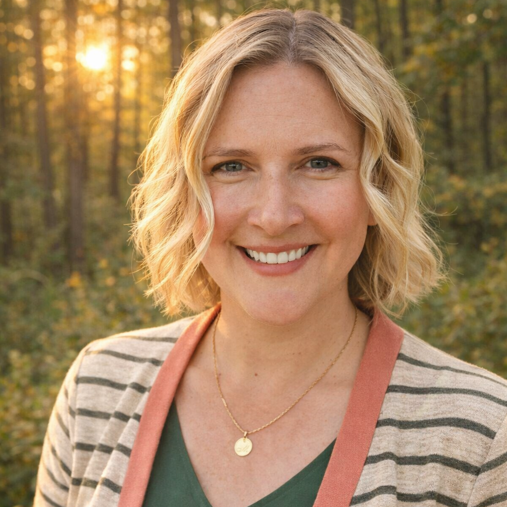 Smiling woman with short blond hair wearing a green top and striped cardigan in a sunlit forest. Necklace with round pendant visible.