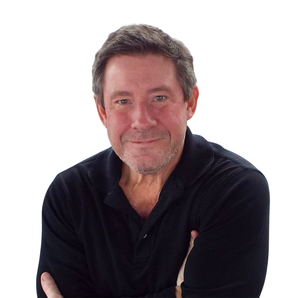 Portrait of a middle-aged man with short gray hair, wearing a black polo shirt, arms crossed and a subtle smile.