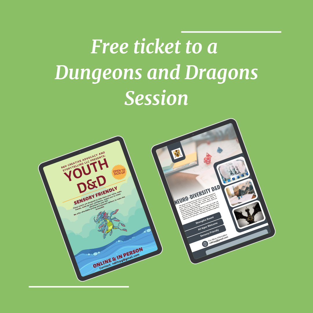 Green background with promotional text: “Free ticket to a Dungeons and Dragons Session” and two tilted tablets displaying event flyers as examples of the tickets.",