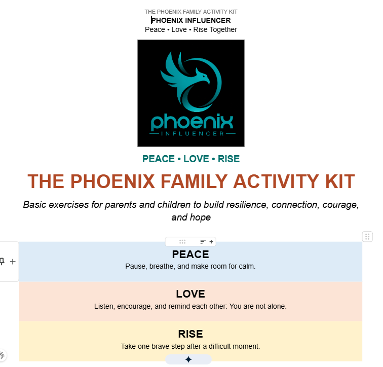 Header logo for The Phoenix Family Activity Kit, featuring a turquoise phoenix emblem and the motto 'Peace • Love • Rise'.