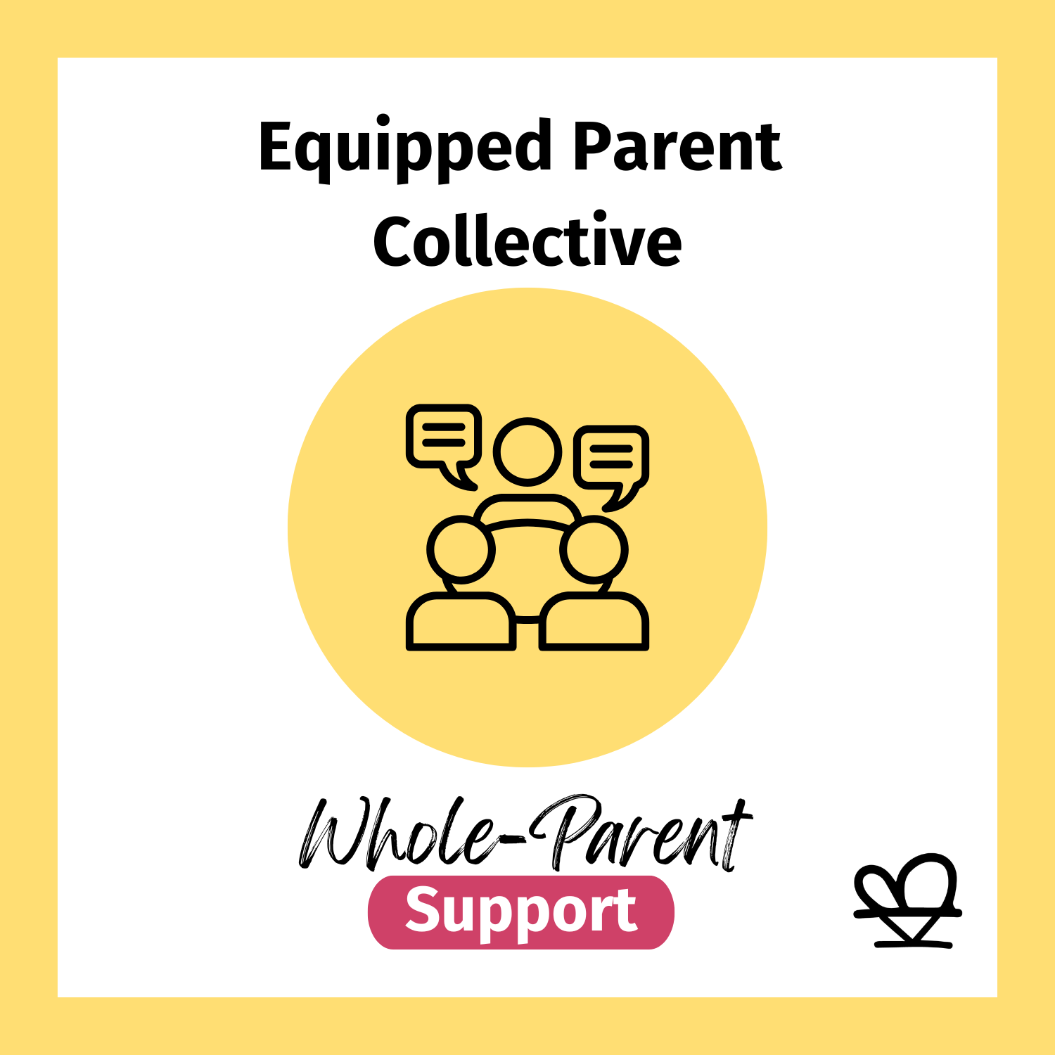 Poster for Equipped Parent Collective with a yellow circle containing a group chat icon and a 'Whole-Parent Support' button below.