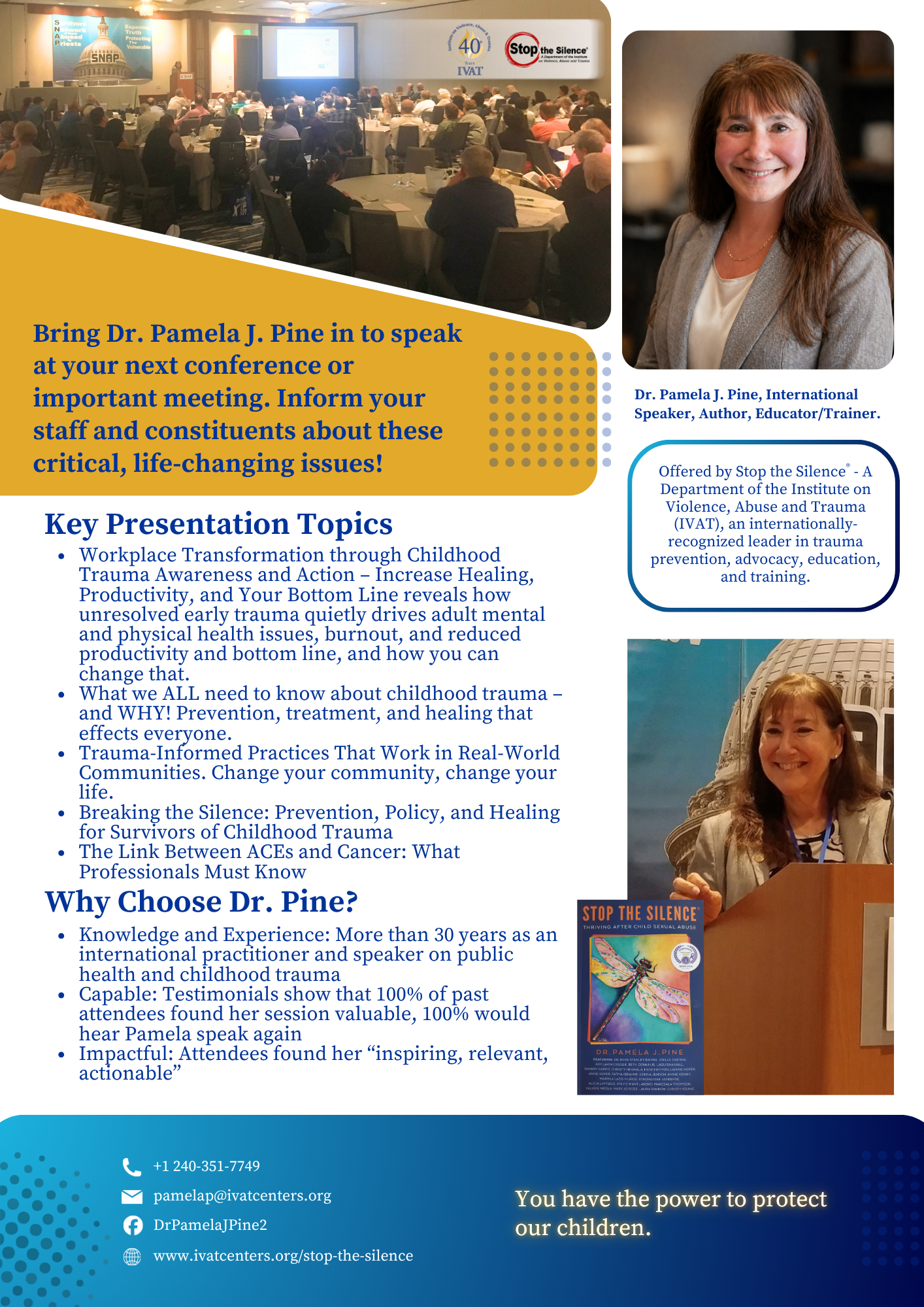 Poster announcing Dr. Pamela J. Pine’s speaking engagement at a conference, with an audience photo and her portrait on the right.