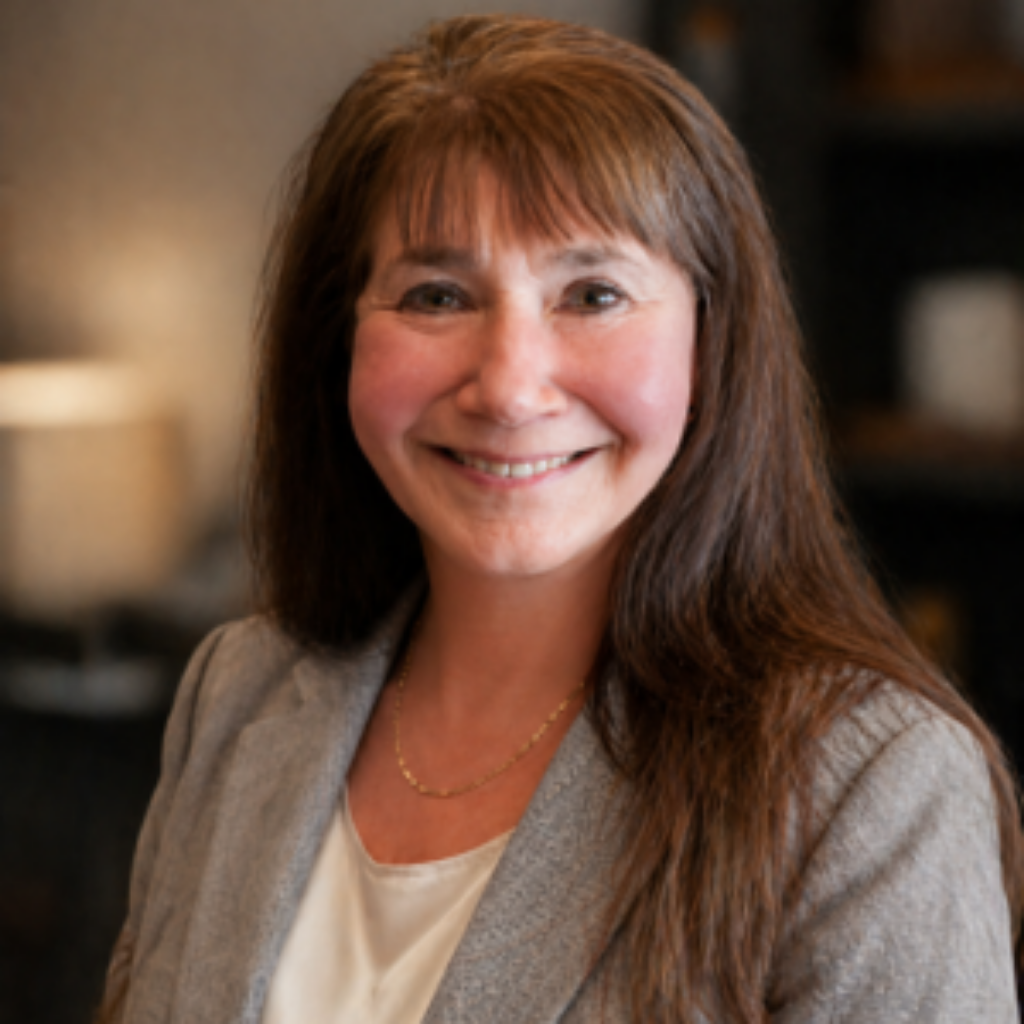 Smiling woman with long brown hair wearing a gray blazer, indoors in a professional setting, looking at the camera.”],