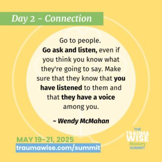 "Go to people. Go ask and listen, even if you think you know what they're going to say. Make sure that they know that you have listened to them and that they have a voice among you."

A powerful reminder from Wendy McMahan. Join her Day 2 session at the TraumaWise Ministry Summit (May 19-21).

Register for your free ticket at link in bio or traumawise.com

#HealingWithPresence #MinistryWisdom #FaithAndCompassion